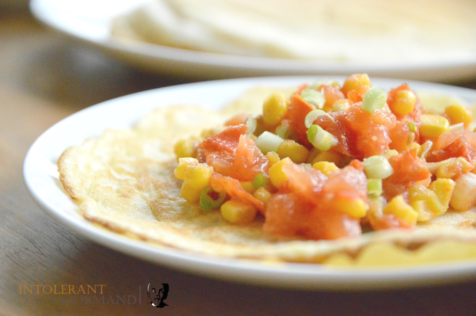 Sweetcorn spring onion tomato pancakes - dairy-free, wheat-free, gluten-free, egg-free and delicious! www.intolerantgourmand.com