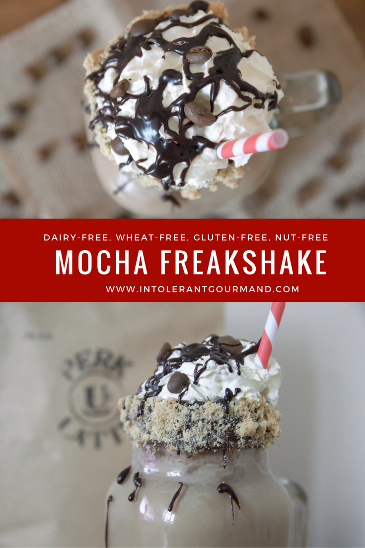 Mocha Freakshake - a delicious new take on the classic mocha, made with coffee, chocolate ice cream, crushed biscuit, whipped coconut cream and chocolate sauce! And it's all dairy-free, wheat-free, gluten-free, nut-free too! www.intolerantgourmand.com