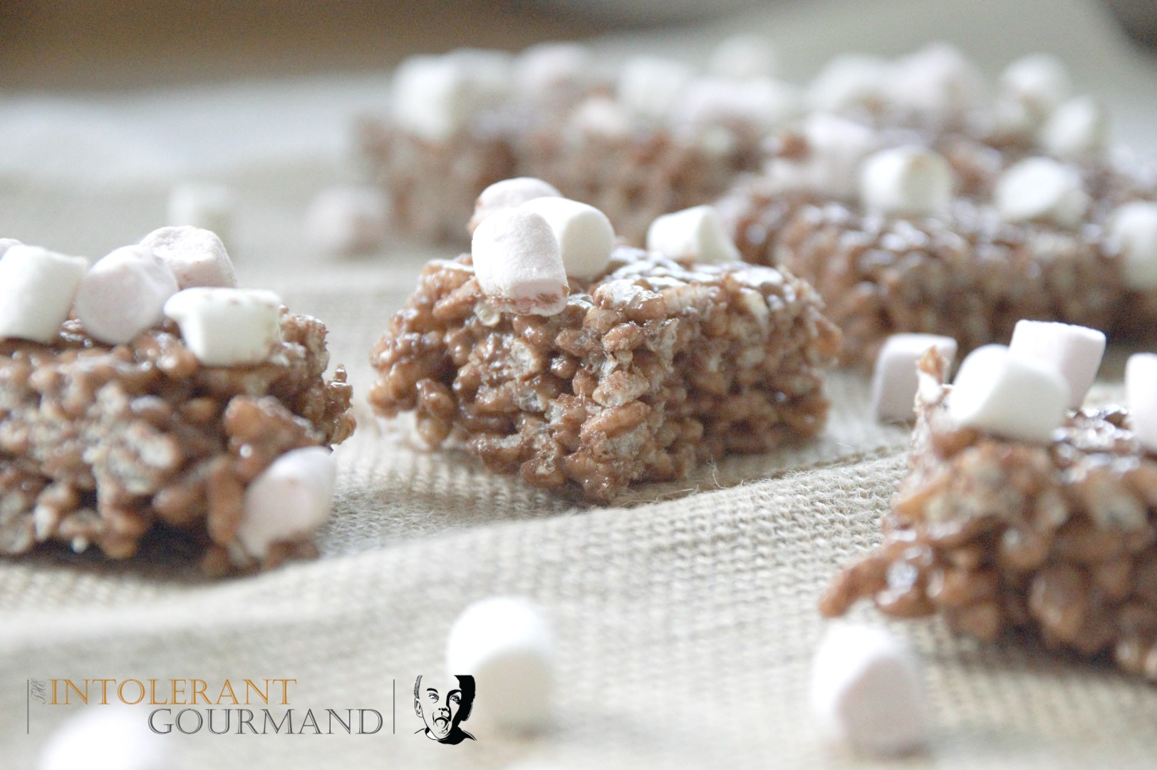 Chocolate marshmallow crispie squares - dairy-free, gluten-free, wheat-free, egg-free, nut-free, vegan and delicious! www.intolerantgourmand.com