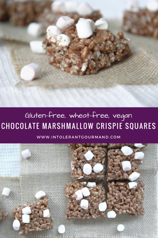 Chocolate marshmallow crispie squares - dairy-free, wheat-free, gluten-free, egg-free, nut-free, vegan and delicious! www.intolerantgourmand.com