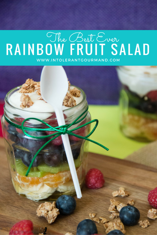 Rainbow Fruit Salad - naturally top14 allergen free, and bursting with flavour! We've teamed these delicious fruits with a dairy-free creme fraiche topping, along with gluten-free granola. Perfect for a #freefrompicnic www.intolerantgourmand.com