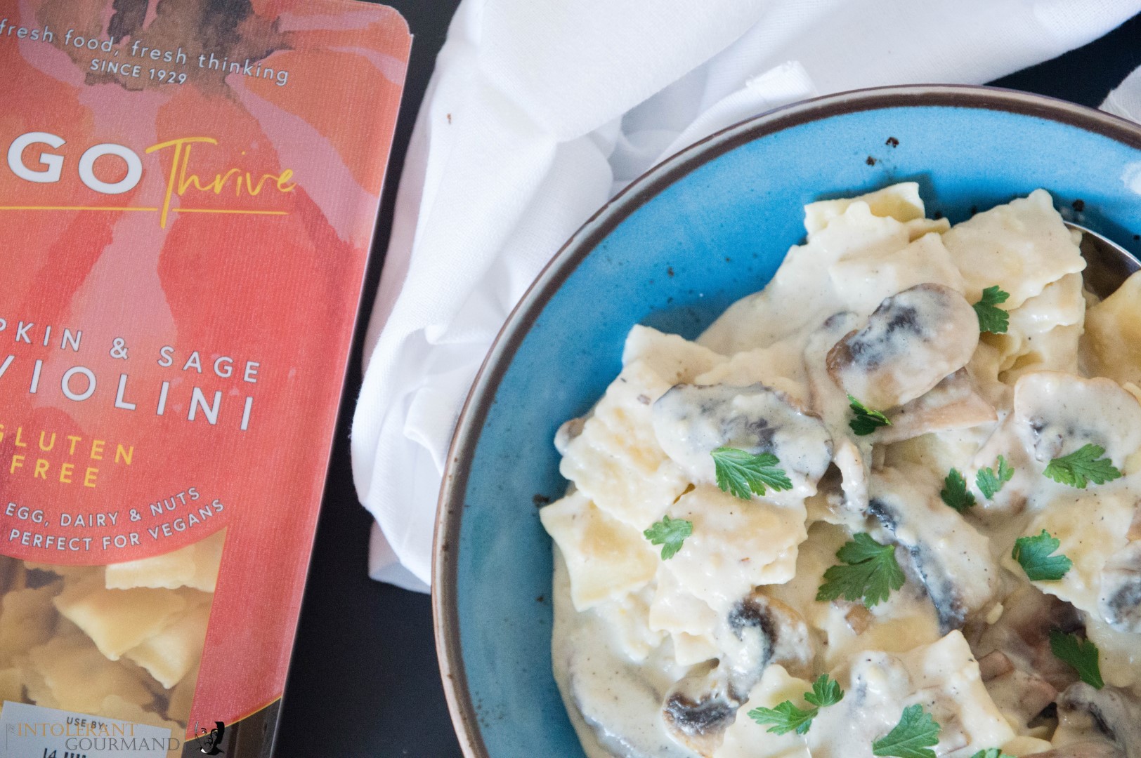 Creamy Mushroom Sauce with Pumpkin Raviolini - a delicously quick and simple dairy-free and gluten-free creamy mushroom sauce paired with pumpkin raviolini to bring the ultimate in comfort food! www.intolerantgourmand.com