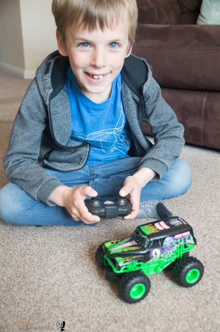 Spin Master Monster Jam Collection - Callum sat testing out the remote control Monster Jam Monster Truck from Spinmaster. www.intolerantgourmand.com